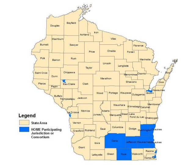 Map of Wisconsin showing State-administered HOME-ARP areas in tan and areas served by HOME Participating Jurisdictions or Consortia in blue. A list of participating cities and consortia follows.